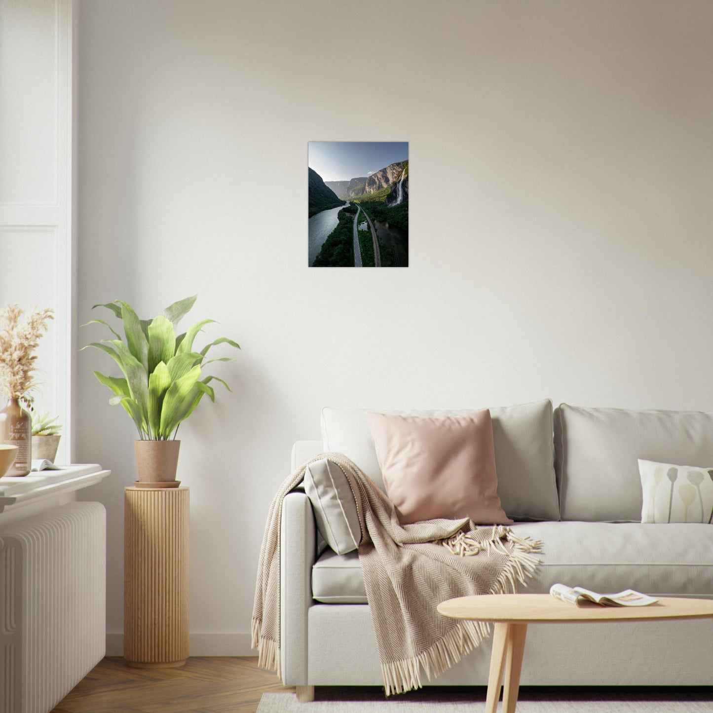 Foto fra Medalen, Rauma Kommune i Møre og Romsdal. Vei, dal og fossefall. Plakat - Poster 50x40