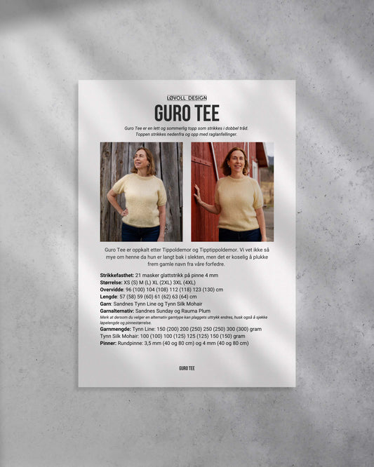 Guro Tee er en lett og sommerlig topp som strikkes i dobbel tråd. Toppen strikkes nedenfra og opp med raglanfellinger. Forside på oppskrift