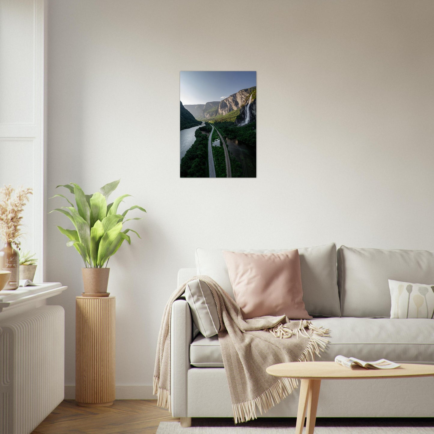 Foto fra Medalen, Rauma Kommune i Møre og Romsdal. Vei, dal og fossefall. Plakat - Poster 50x70