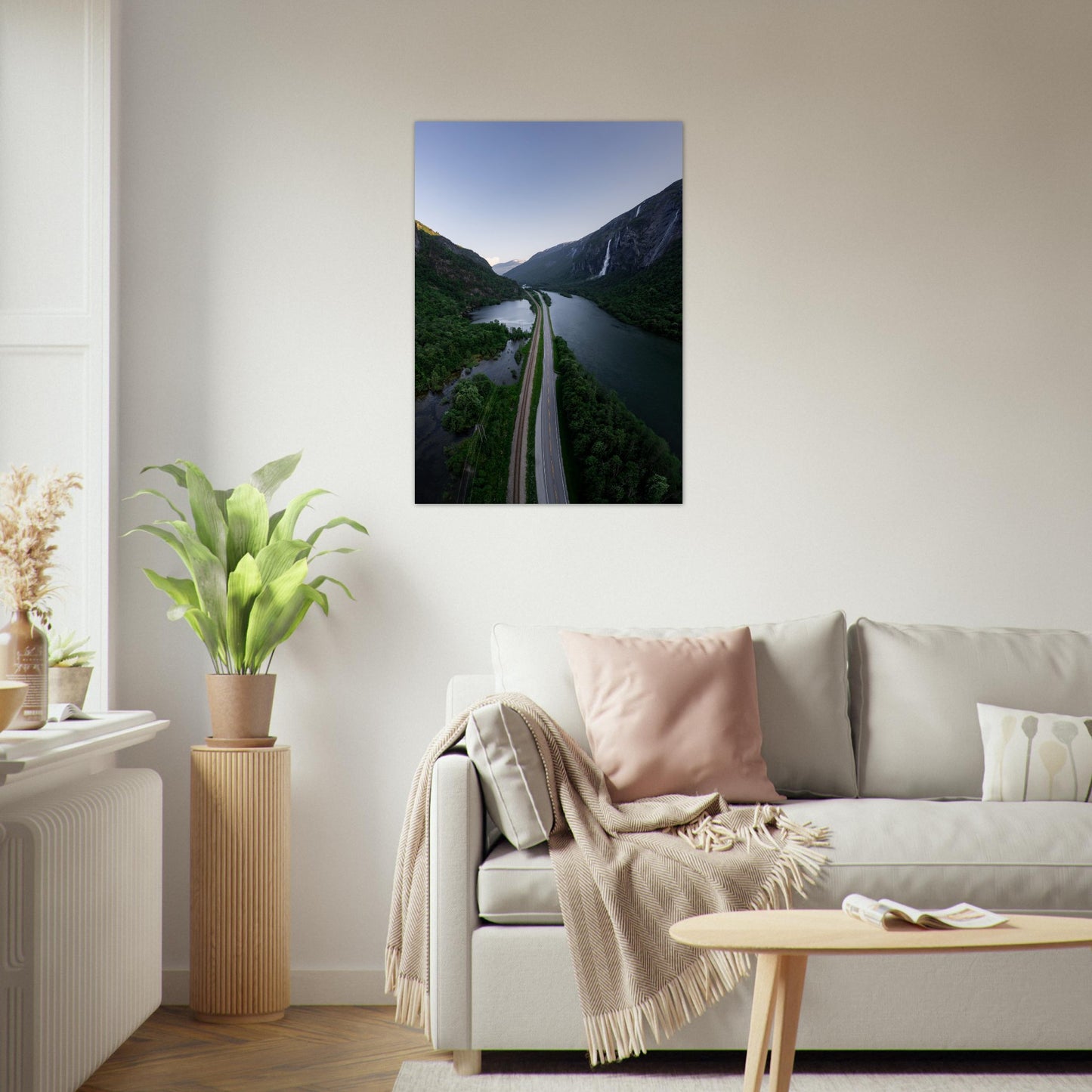 Foto fra Medalen, Rauma Kommune i Møre og Romsdal. Vei, dal og fossefall. Plakat - Poster 70x100