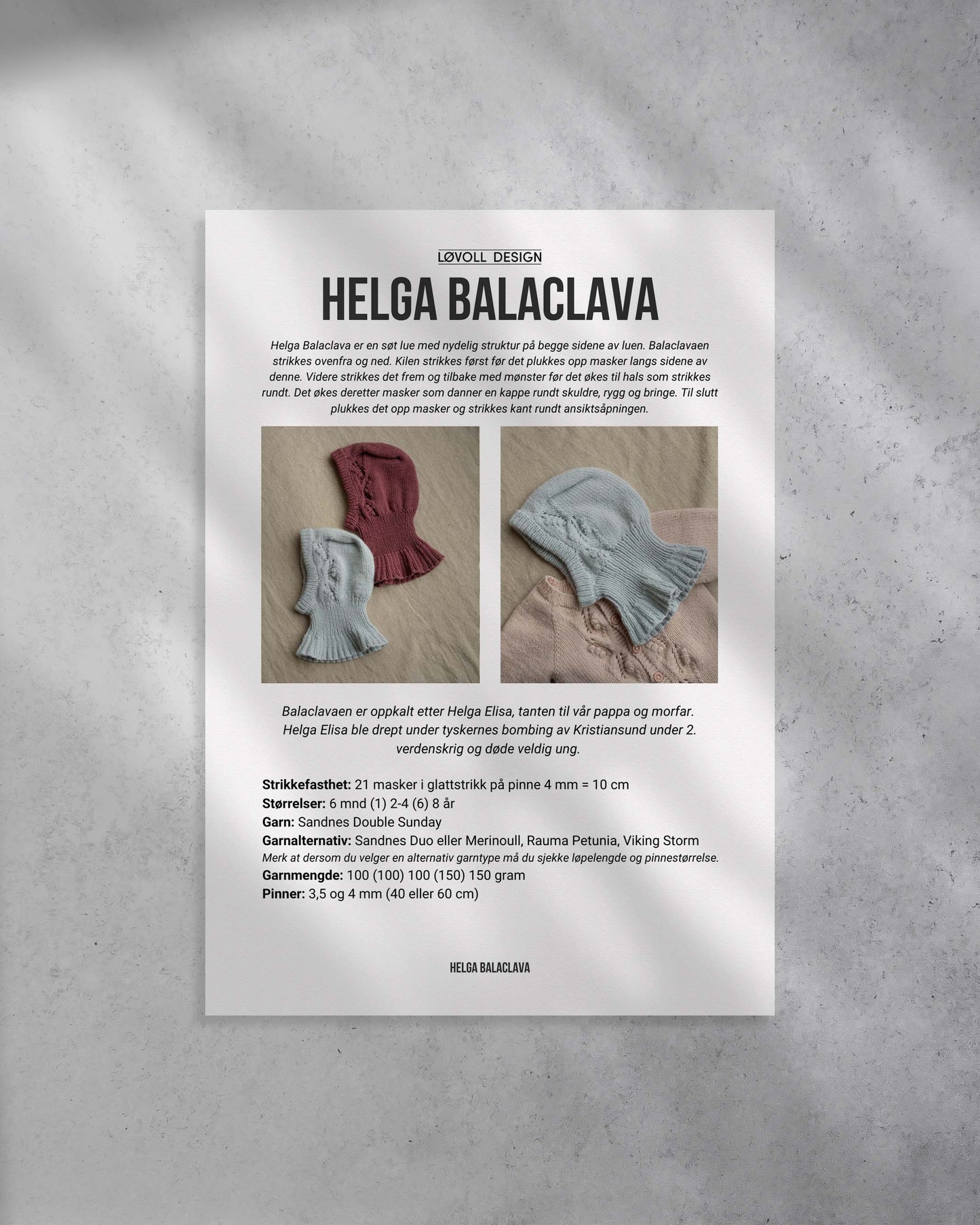 Helga Balaclava er en søt lue med nydelig struktur på begge sidene av luen.  Forside.
