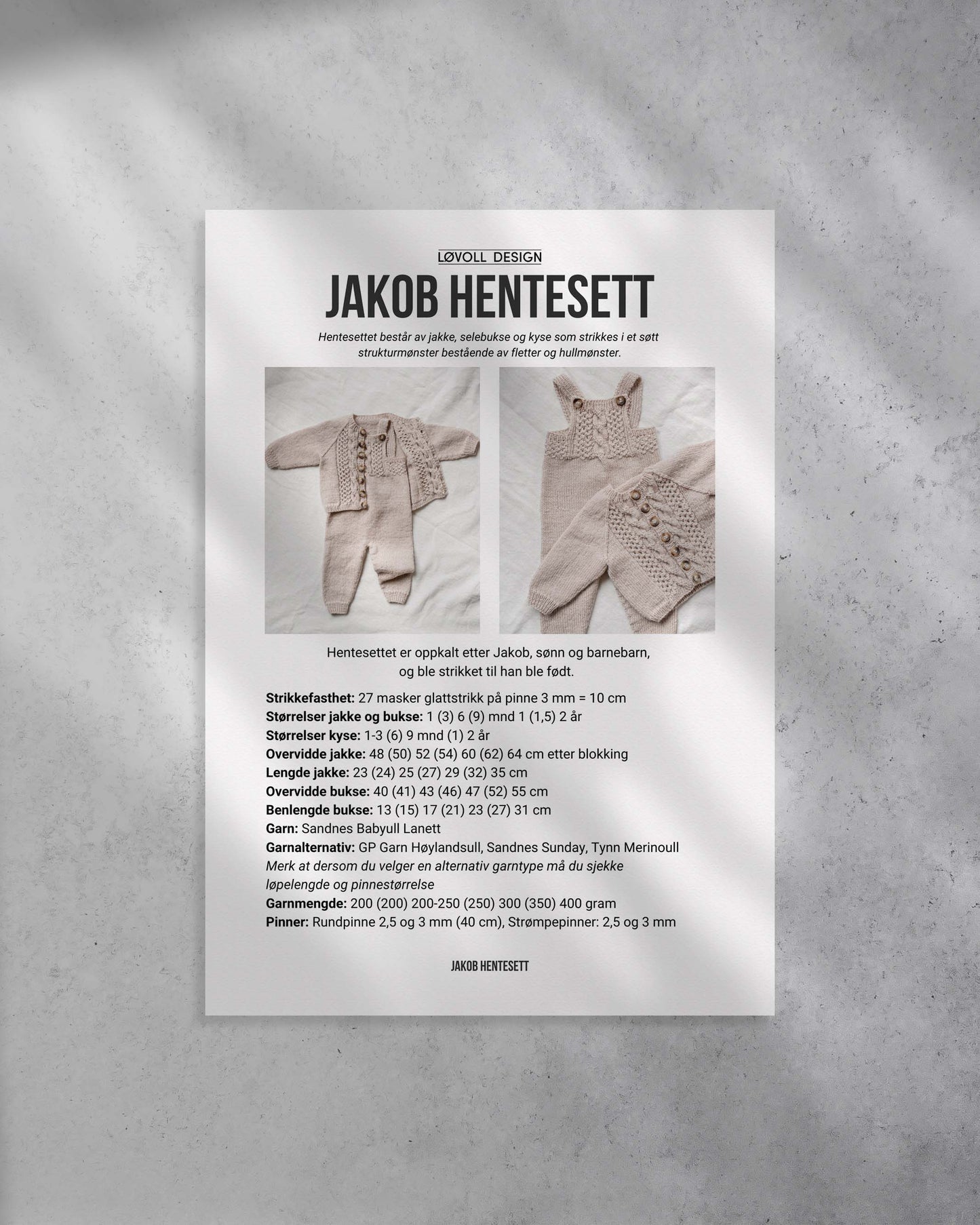 Jakob Hentesett | Strikkeoppskrift på klassisk hentesett til baby