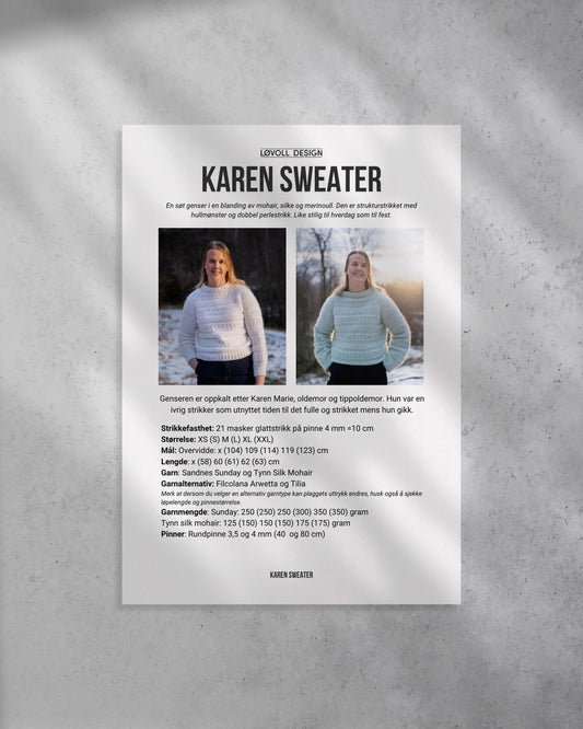 Forside på strikkeoppskrift til Karen Sweater