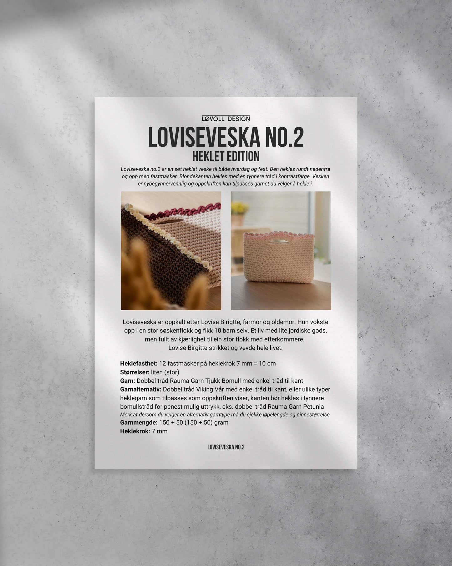 Heklet Loviseveske No.2 i bomullsgarn, laget med fastmasker