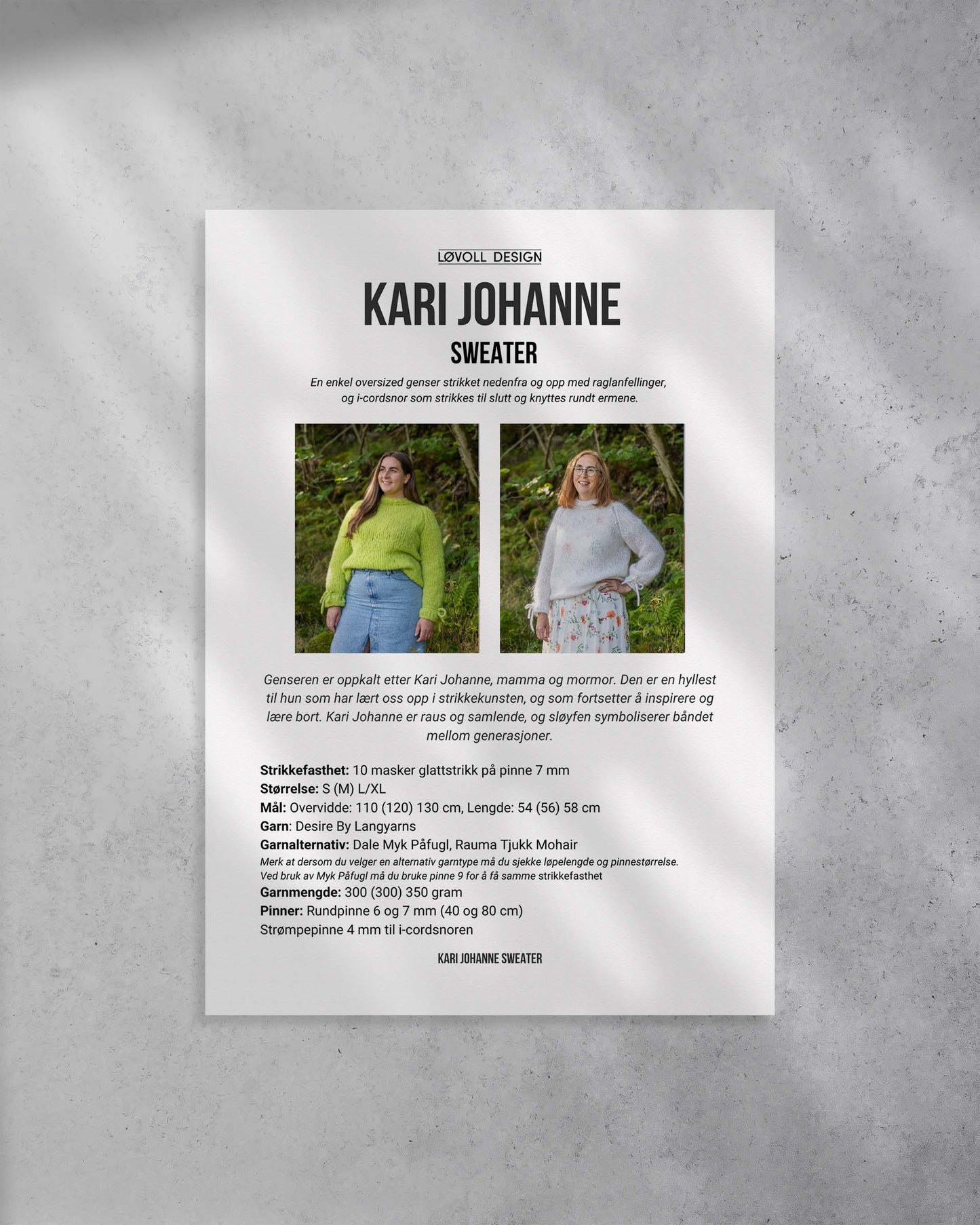 Kari-Johanne-Sweater Strikkeoppskrift på trendy og myk strikkegenser i Desire By longyarns. FOrside på strikkeoppskrift