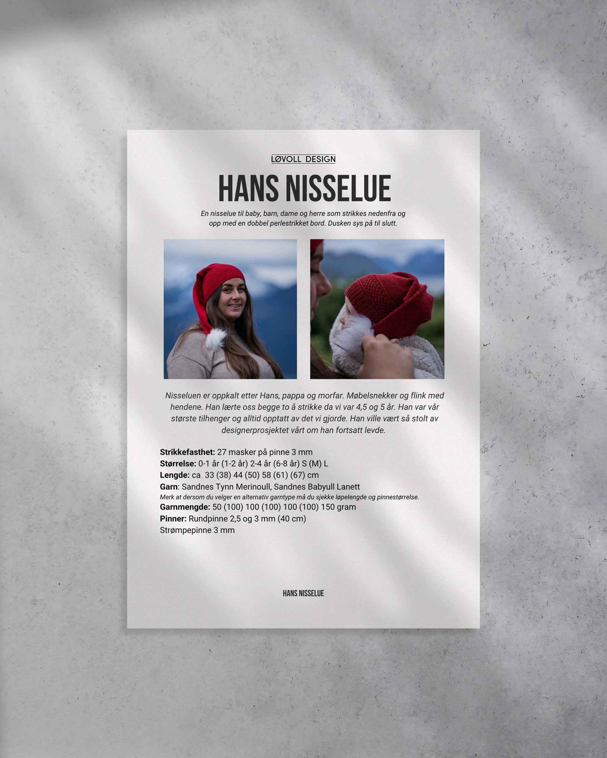 Strikkeoppskrift på Hans Nisselue for barn, dame og herre.
