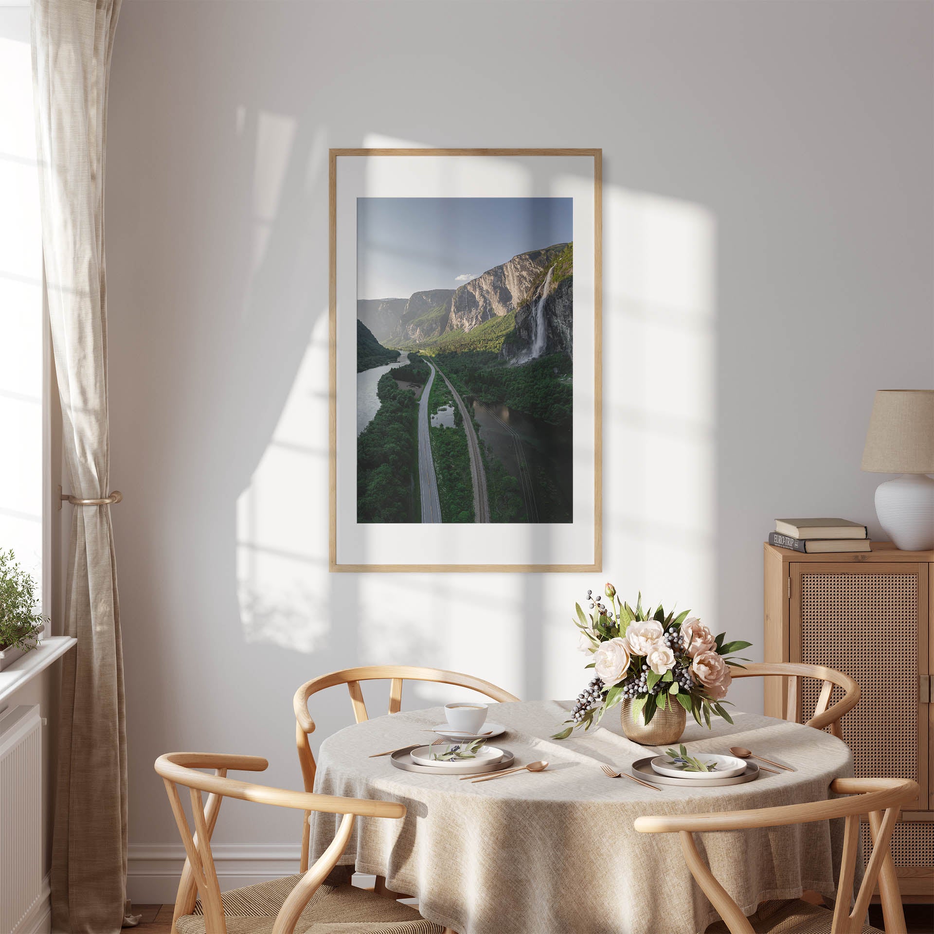 Foto fra Medalen, Rauma Kommune i Møre og Romsdal. Vei, dal og fossefall. Plakat - Poster