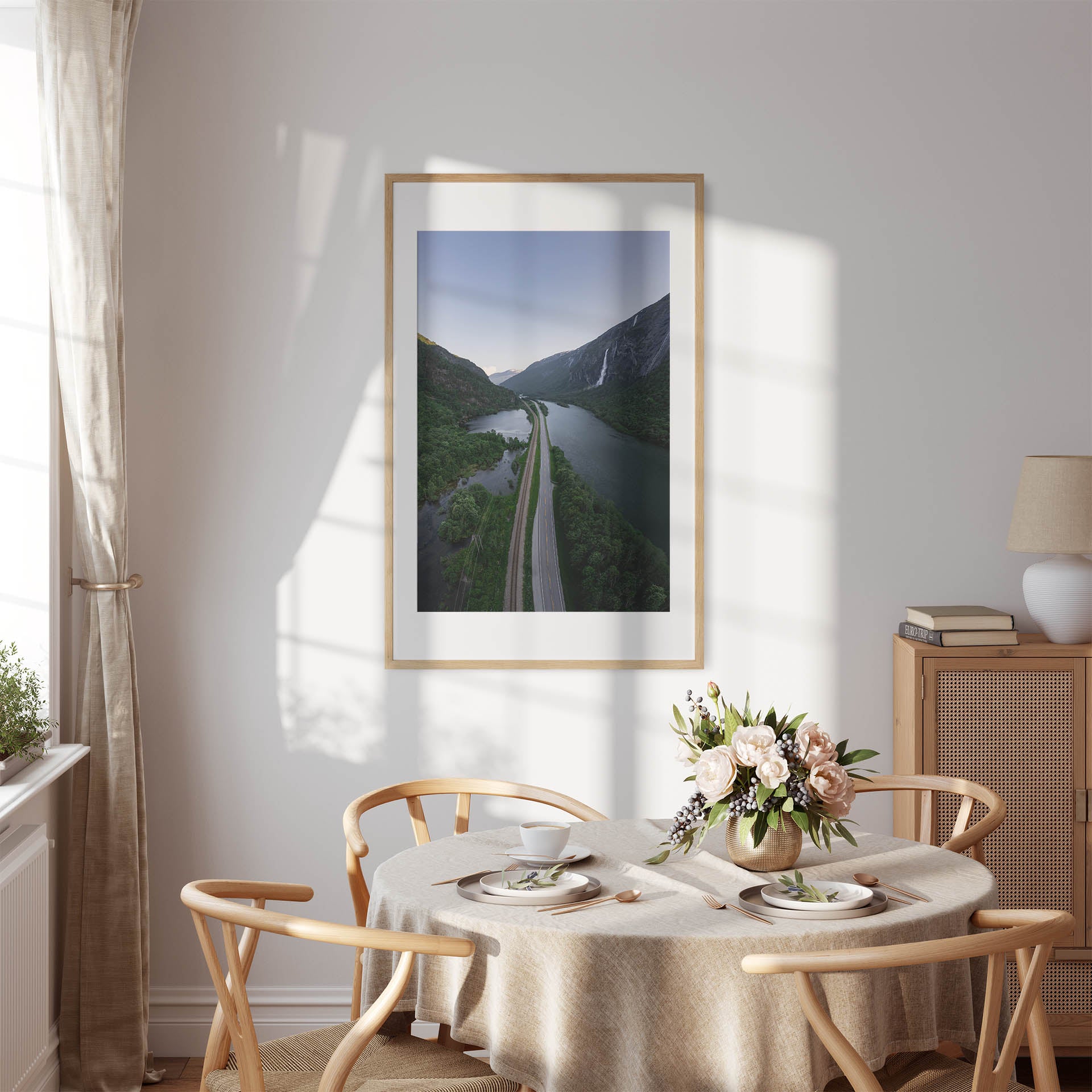 Foto fra Medalen, Rauma Kommune i Møre og Romsdal. Vei, dal og fossefall. Plakat - Poster