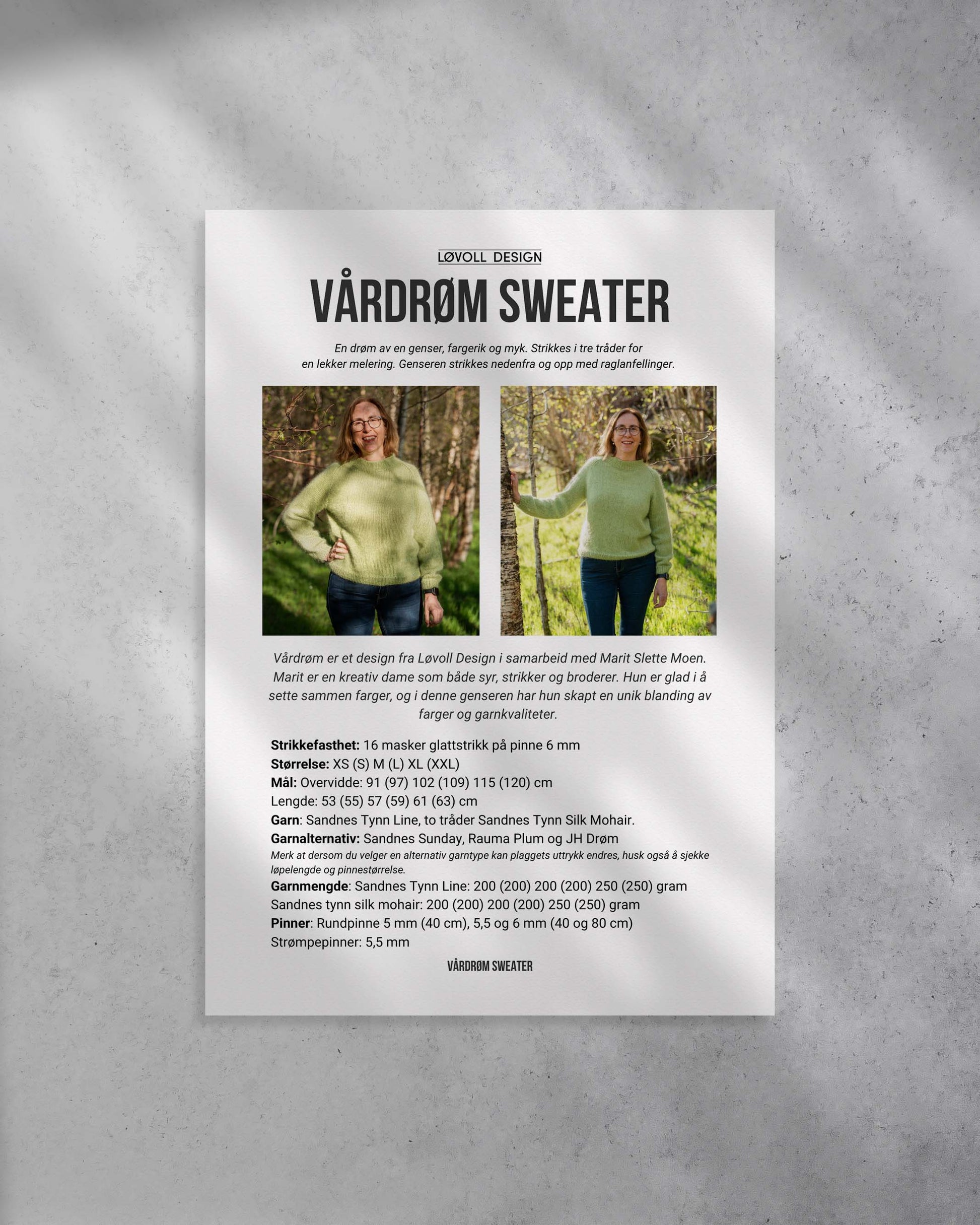 En drøm av en genser, fargerik og myk. Strikkes i tre tråder for&nbsp;en lekker melering. Genseren strikkes nedenfra og opp med raglanfellinger. Forside på strikkeoppskrift