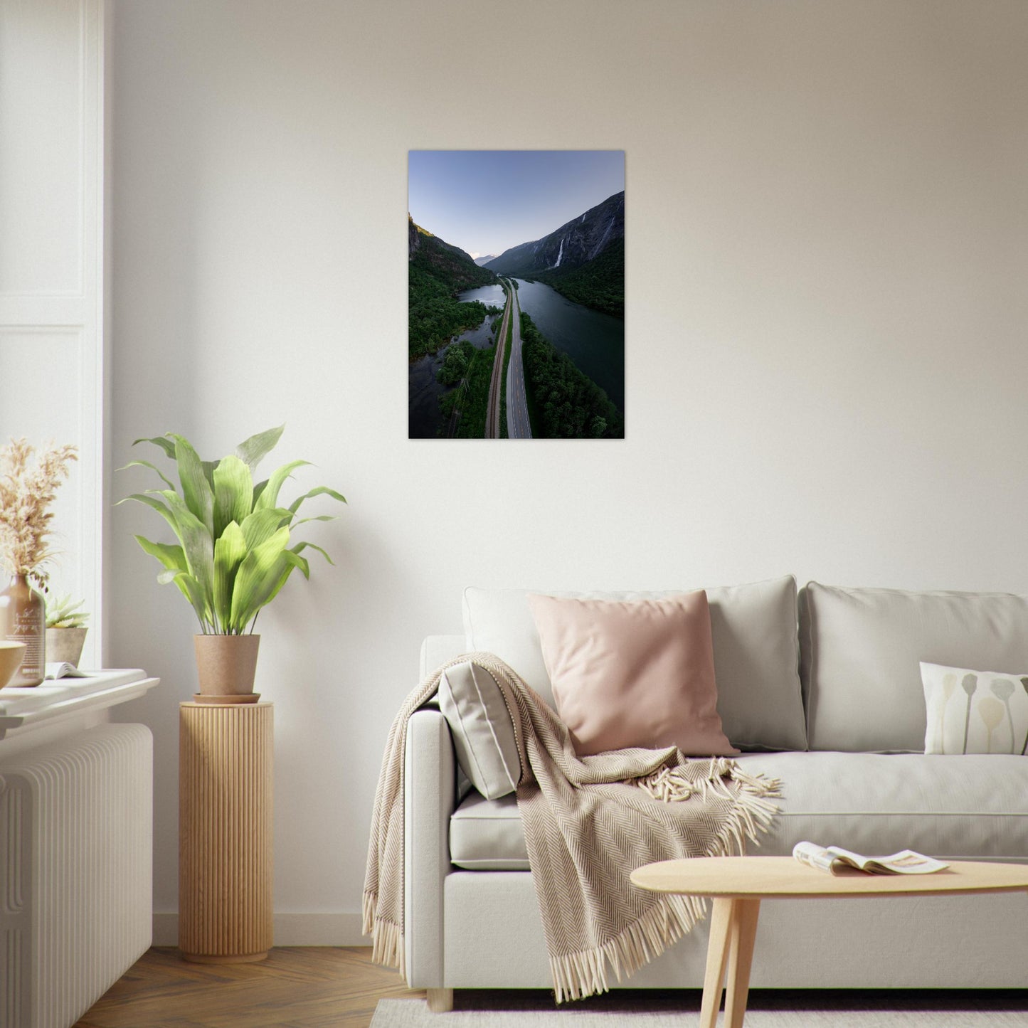 Foto fra Medalen, Rauma Kommune i Møre og Romsdal. Vei, dal og fossefall. Plakat - Poster 60x80