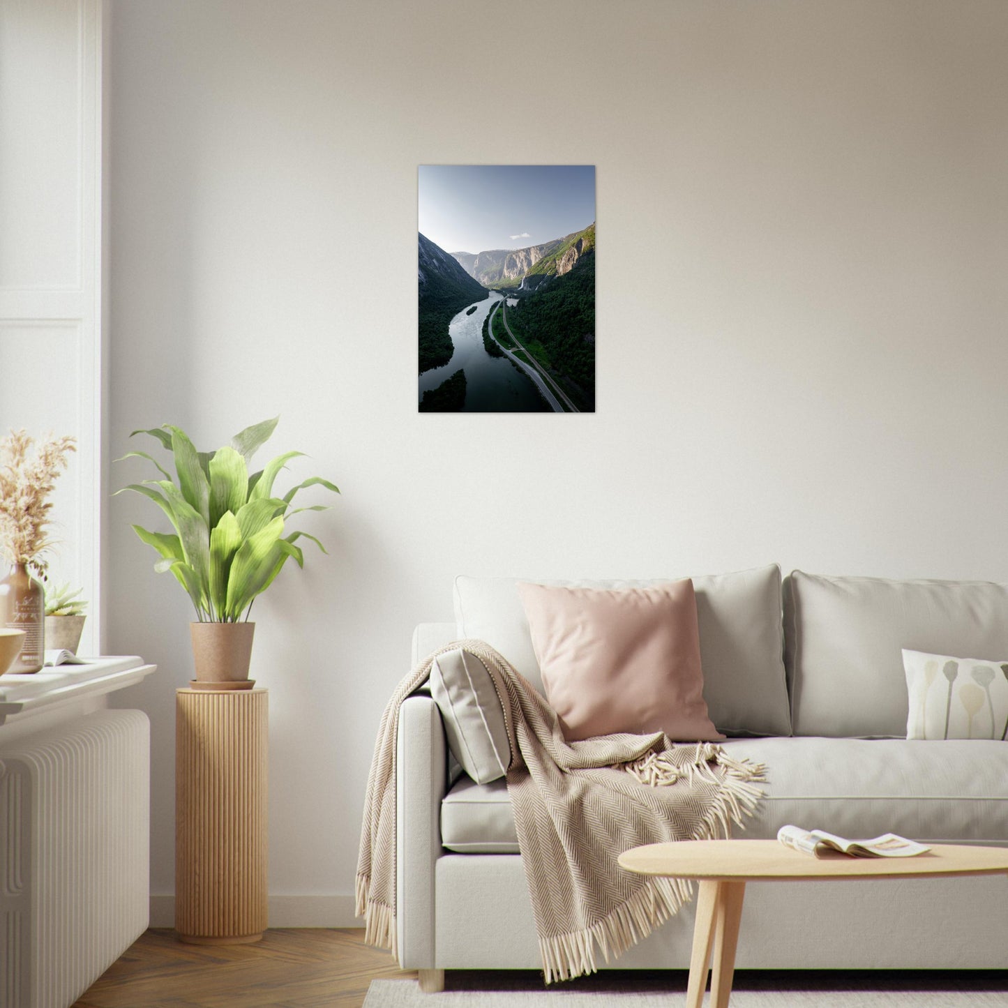 Foto fra Medalen, Rauma Kommune i Møre og Romsdal. Vei, dal og fossefall. Plakat - Poster 50x70
