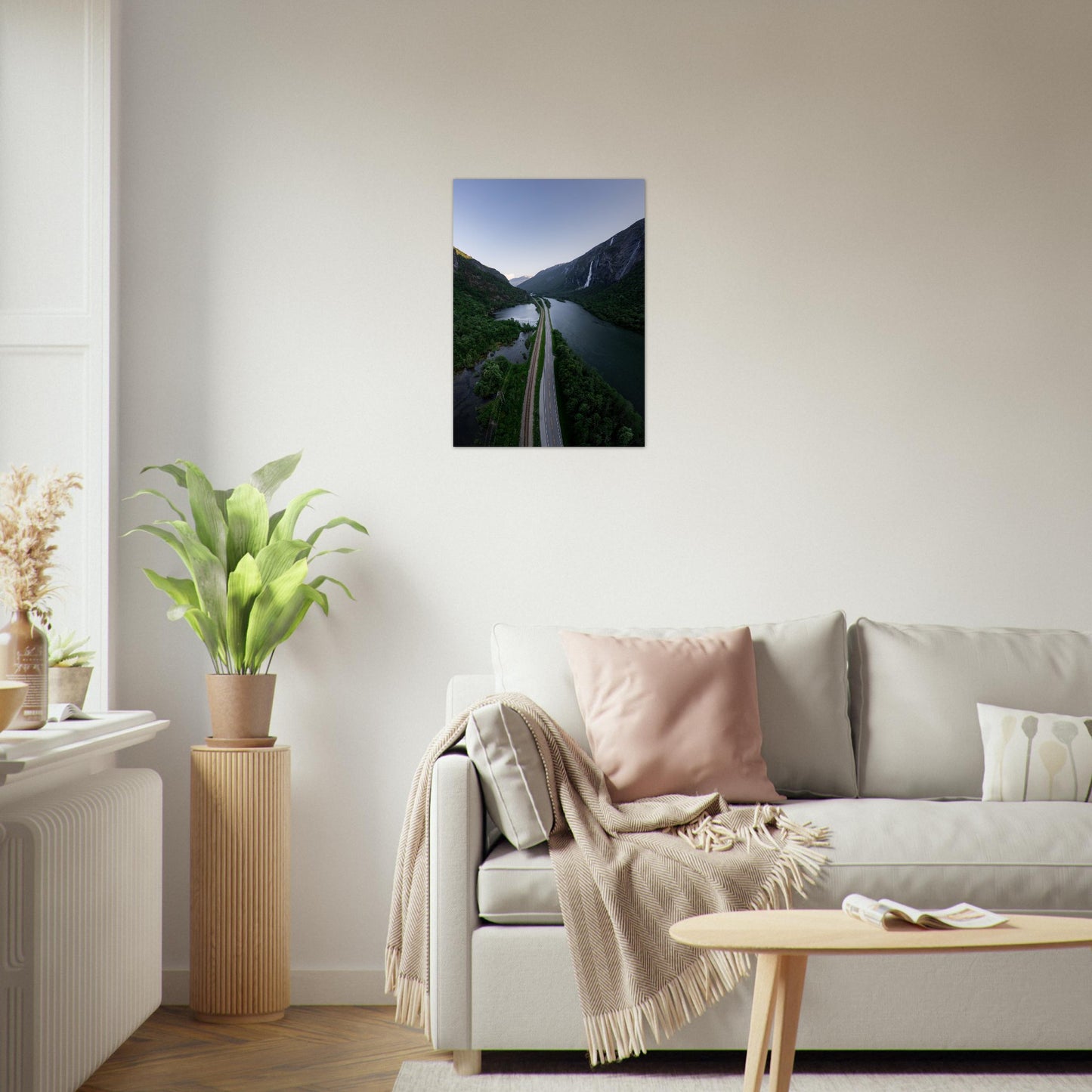 Foto fra Medalen, Rauma Kommune i Møre og Romsdal. Vei, dal og fossefall. Plakat - Poster 50x70