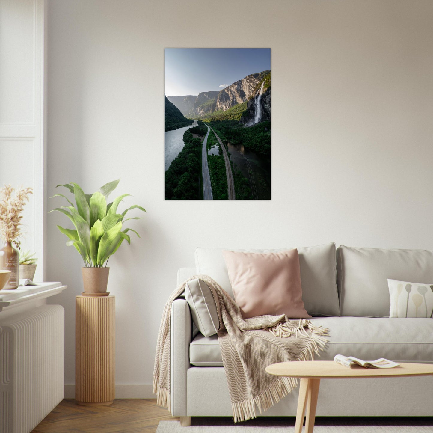 Foto fra Medalen, Rauma Kommune i Møre og Romsdal. Vei, dal og fossefall. Plakat - Poster 70x100
