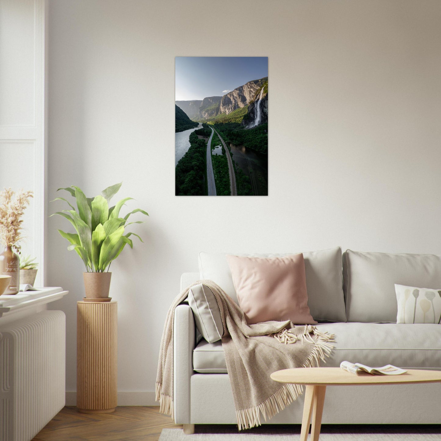 Foto fra Medalen, Rauma Kommune i Møre og Romsdal. Vei, dal og fossefall. Plakat - Poster 60x90
