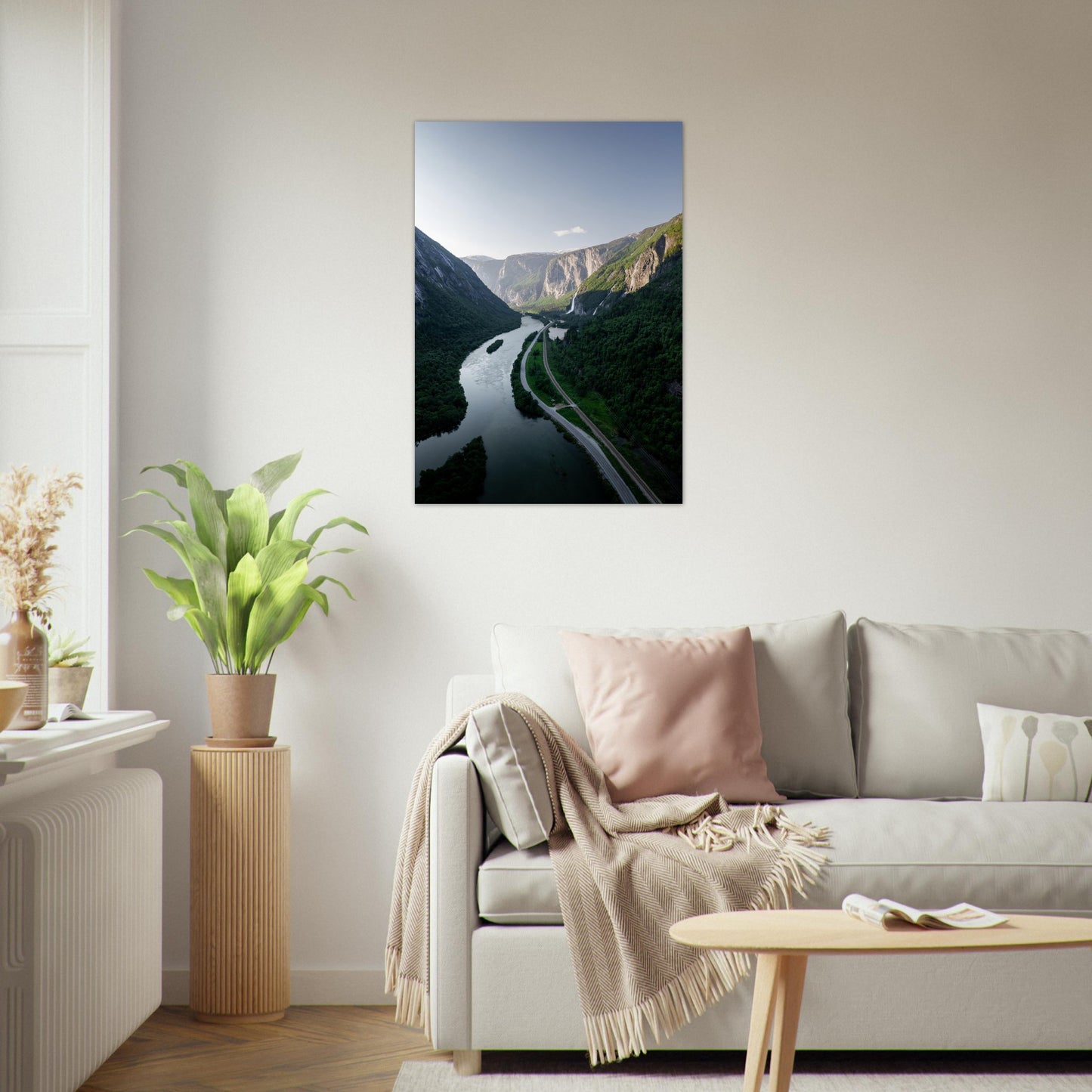 Foto fra Medalen, Rauma Kommune i Møre og Romsdal. Vei, dal og fossefall. Plakat - Poster 70x100
