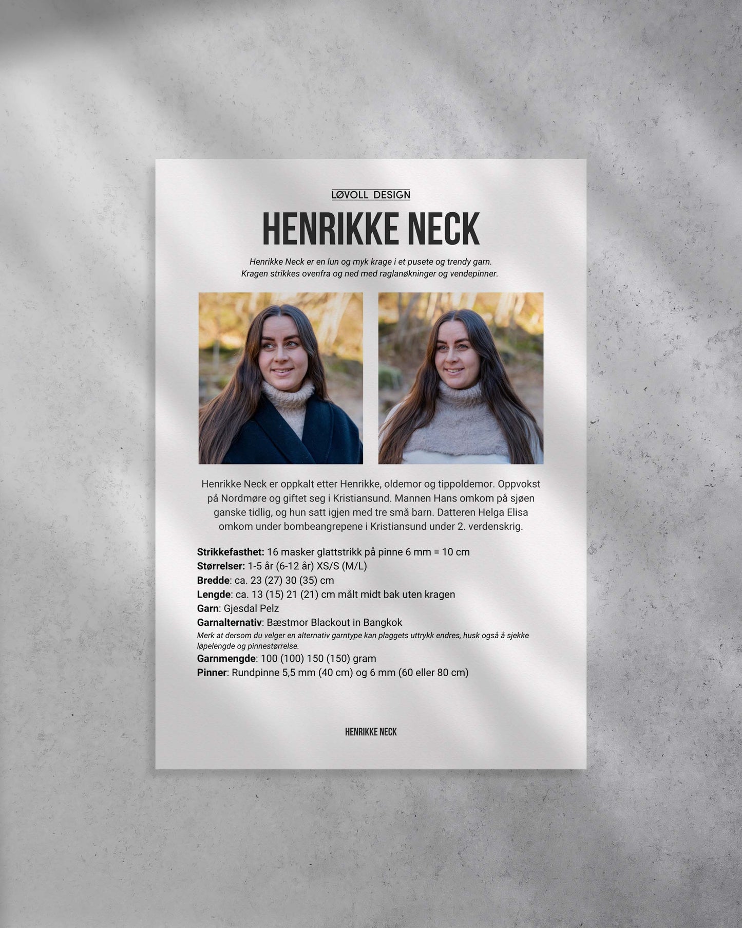 Henrikke Neck er en lun og myk krage i et pusete og trendy garn.Halsen strikkes ovenfra og ned med raglanøkninger og vendepinner. Forside av strikkeoppskrift