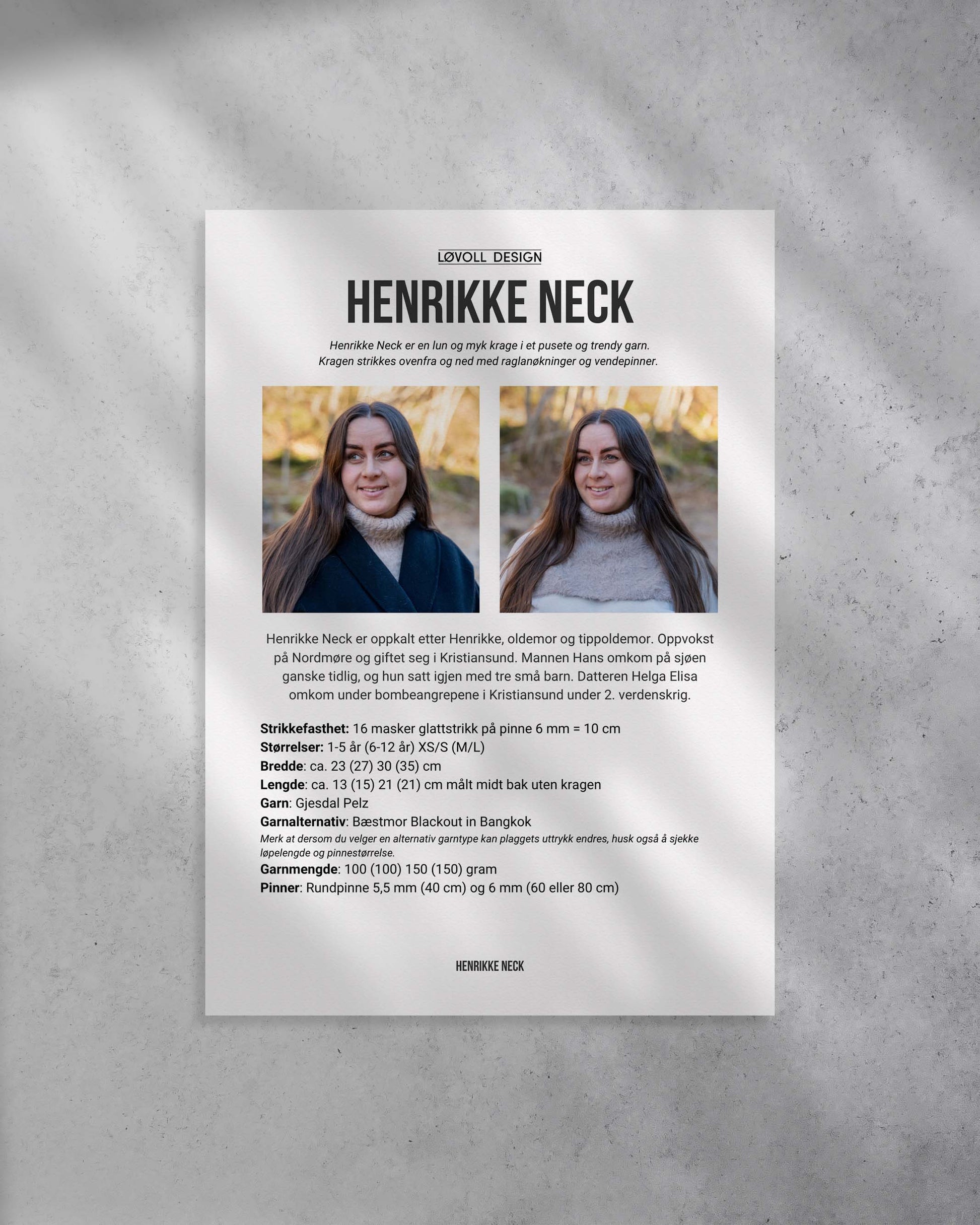 Henrikke Neck er en lun og myk krage i et pusete og trendy garn.Halsen strikkes ovenfra og ned med raglanøkninger og vendepinner. Forside av strikkeoppskrift