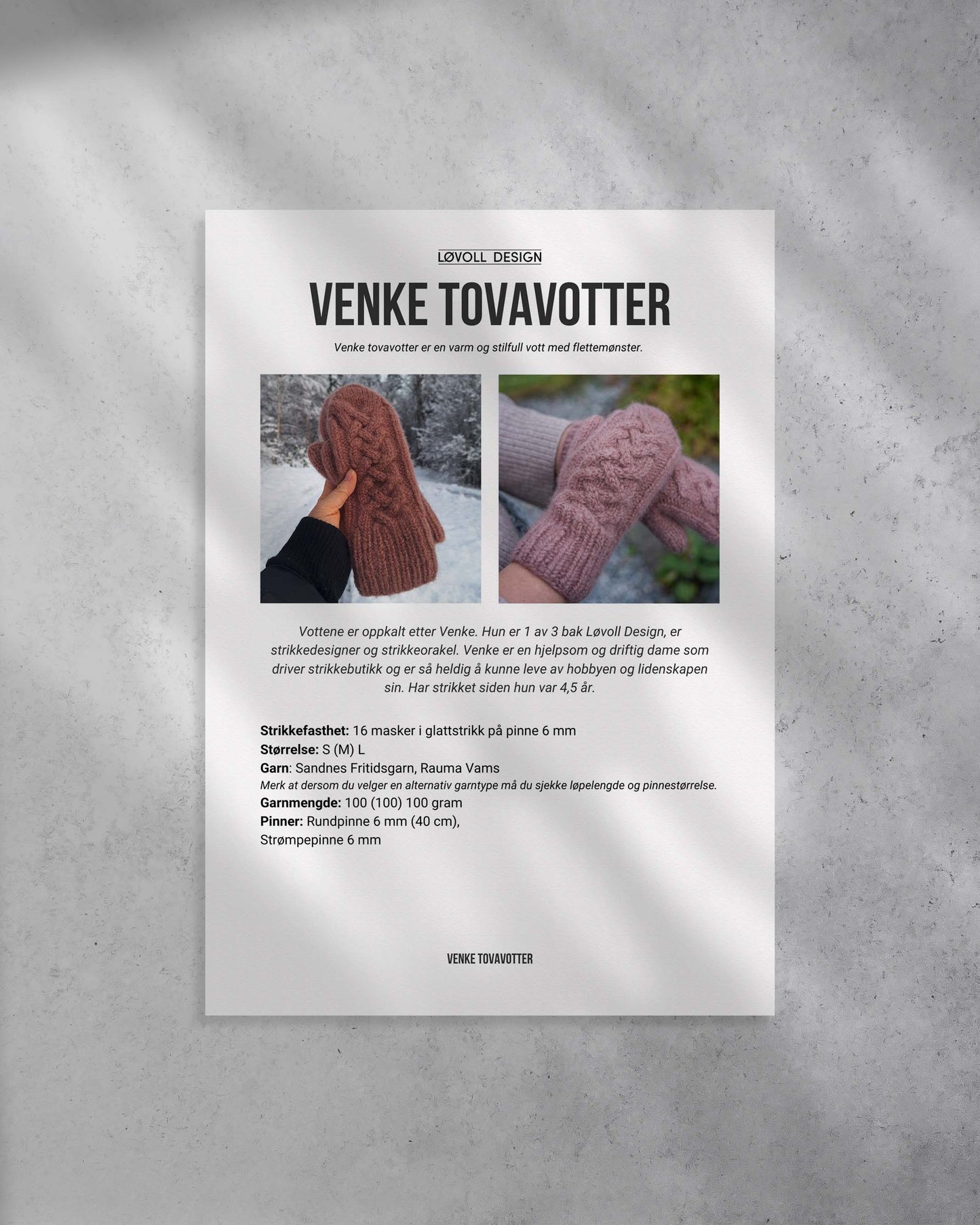 Strikkeoppskrift på Venke Tovavotter en varm vott med flettemønster