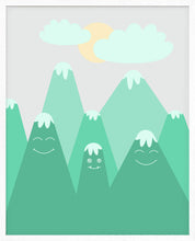 Last inn bildet i Galleri-visningsprogrammet, Digital Kunst - For barnerommet. Digitalt tegnet landskapsbilde for barn. Koselige og smilende fjell med foreldre og barn. | Kunstplakat | Poster | Digital Kunst
