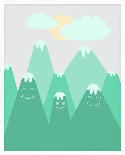 Digital Kunst - For barnerommet. Digitalt tegnet landskapsbilde for barn. Koselige og smilende fjell med foreldre og barn. | Kunstplakat | Poster | Digital Kunst
