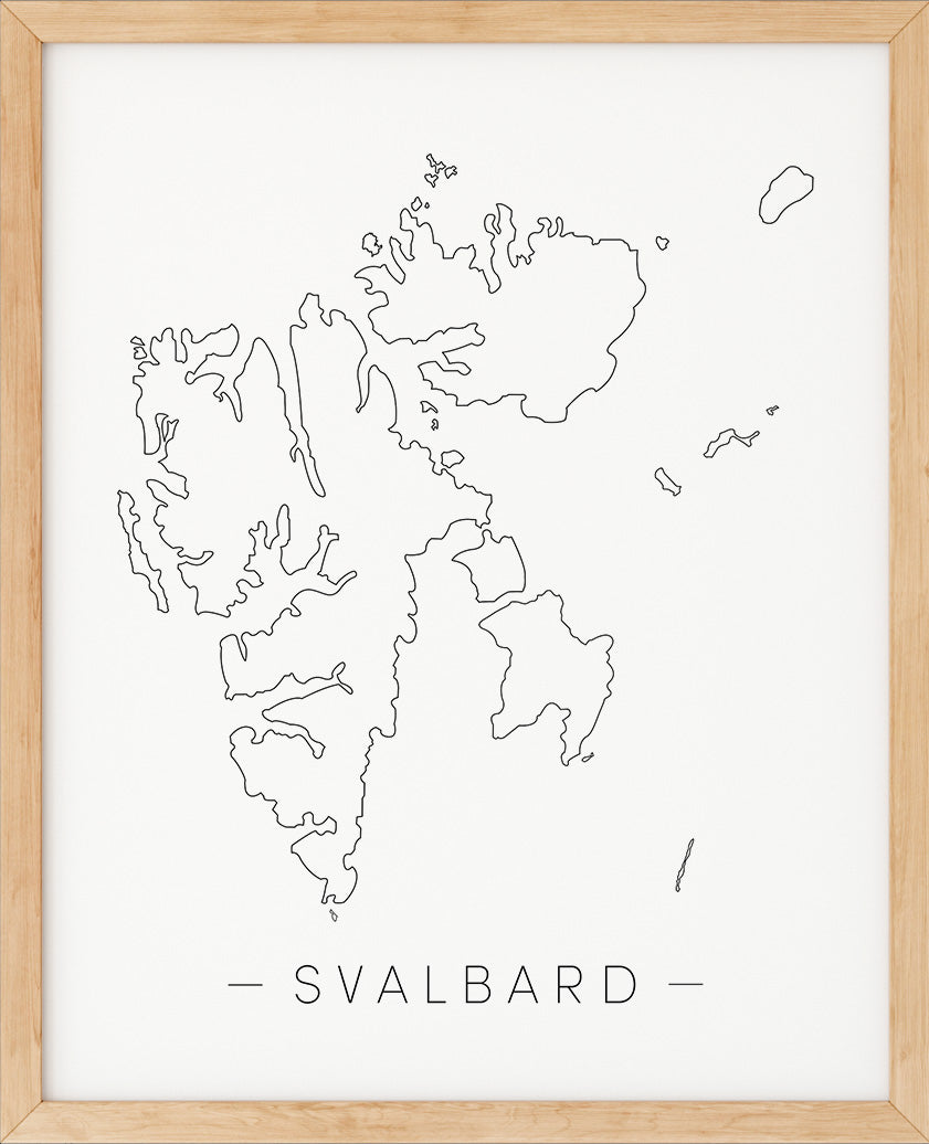 En minimalistisk og tidløs plakat av Svalbard, tegnet i enkel line art-stil med hvit bakgrunn. Plakaten har et rent og nordisk uttrykk som passer perfekt i både stue, gang, kontor, hytte eller som en del av en bildevegg.