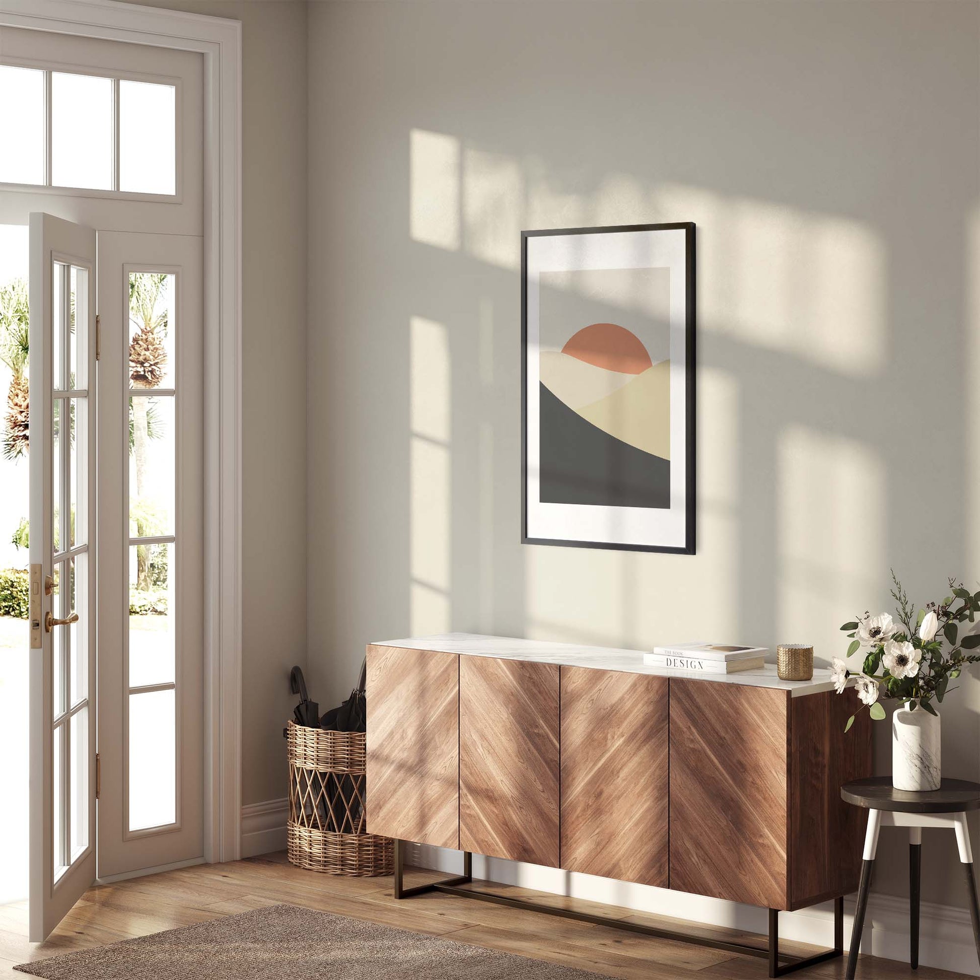 Trendy Hills | Plakat | Poster | Jotun 0486 Silke, 8087 Vårluft, 1276 Soft, 9938 Dempet Sort, 2489 Bella