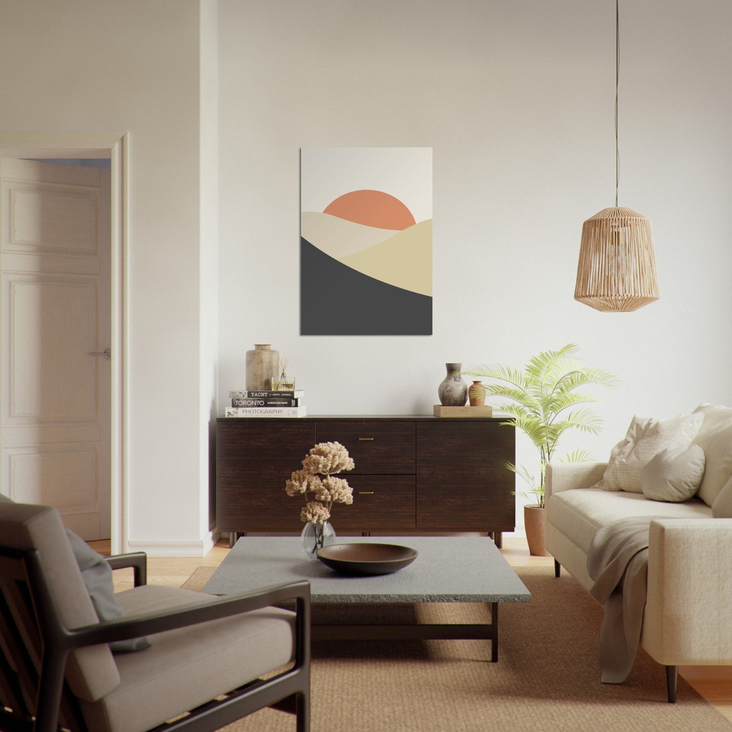 Trendy Hills | Plakat | Poster | Jotun 0486 Silke, 8087 Vårluft, 1276 Soft, 9938 Dempet Sort, 2489 Bella